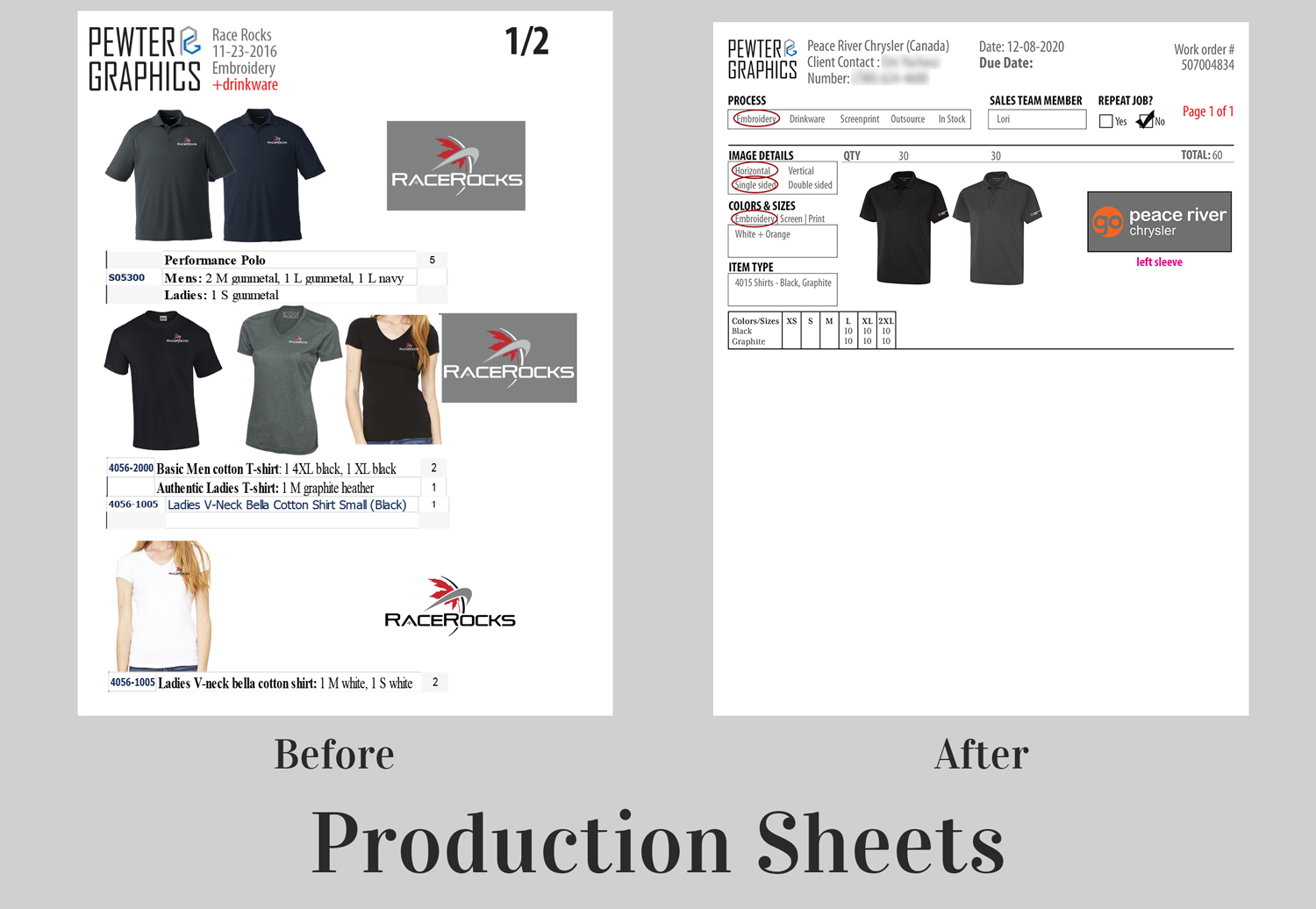 Production Sheet Before & After